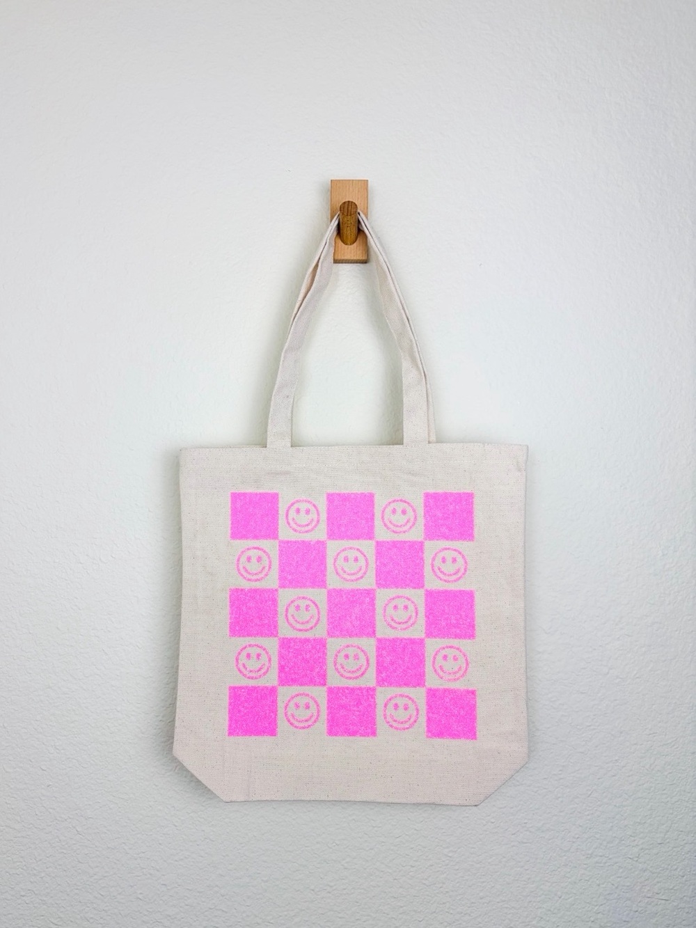 Handmade Sparkly Pink Smiley Face Checkered Tote Bag